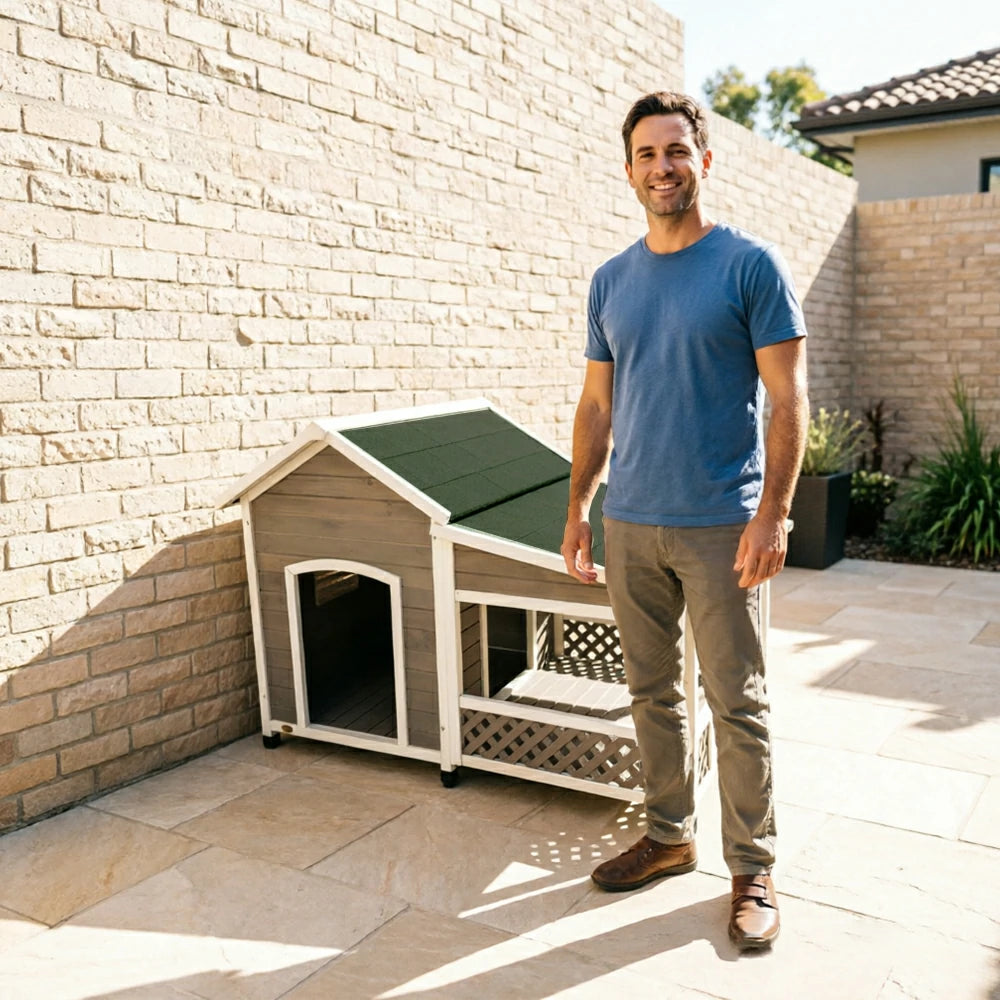 PAWORA Solid Wood Dog House with Extended Side Space Raised Waterproof Design & Weather-Resistant Roof For Patio Balcony