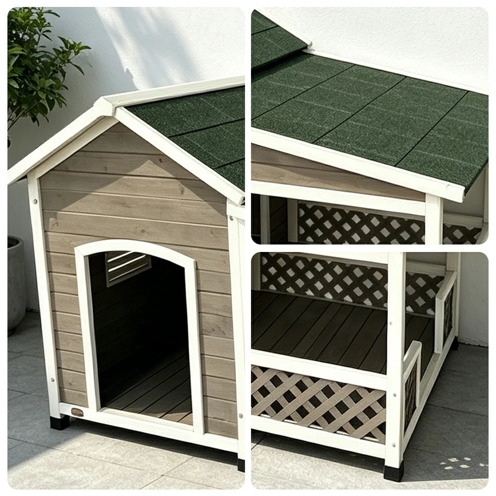 PAWORA Solid Wood Dog House with Extended Side Space Raised Waterproof Design & Weather-Resistant Roof For Patio Balcony
