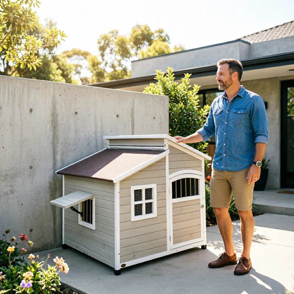 PAWORA Solid Wood Dog House Spacious Interior Openable Roof Reinforced Floor & Weather-Resistant Roof For Patio Lawn