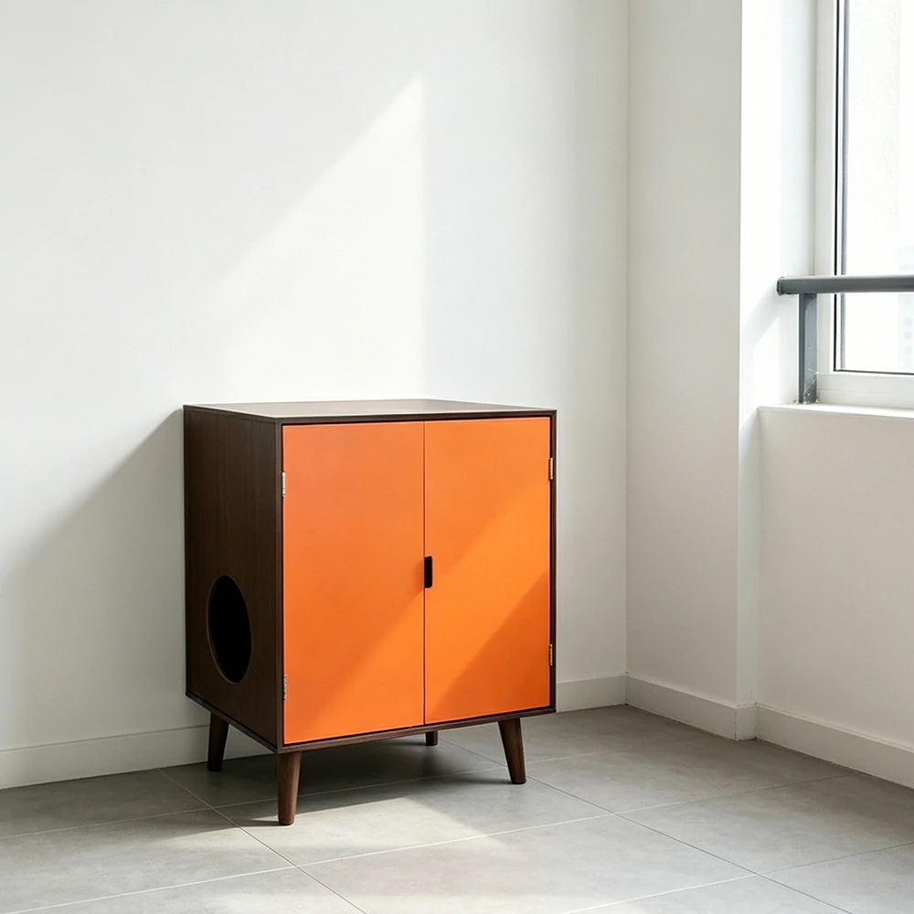 PAWORA Multifunctional Cat Cabinet Hidden Litter Box Space Cat Resting House Smooth Painted Finish Easy-Clean For Living Room Bedroom Balcony - Orange