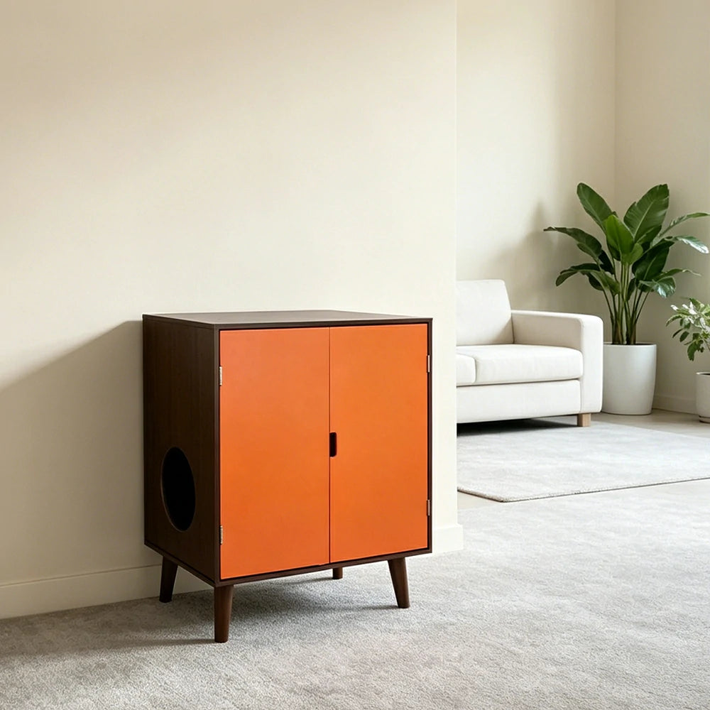 PAWORA Multifunctional Cat Cabinet Hidden Litter Box Space Cat Resting House Smooth Painted Finish Easy-Clean For Living Room Bedroom Balcony - Orange