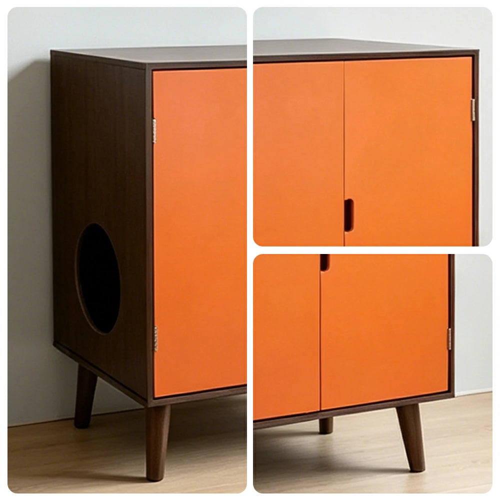 PAWORA Multifunctional Cat Cabinet Hidden Litter Box Space Cat Resting House Smooth Painted Finish Easy-Clean For Living Room Bedroom Balcony - Orange