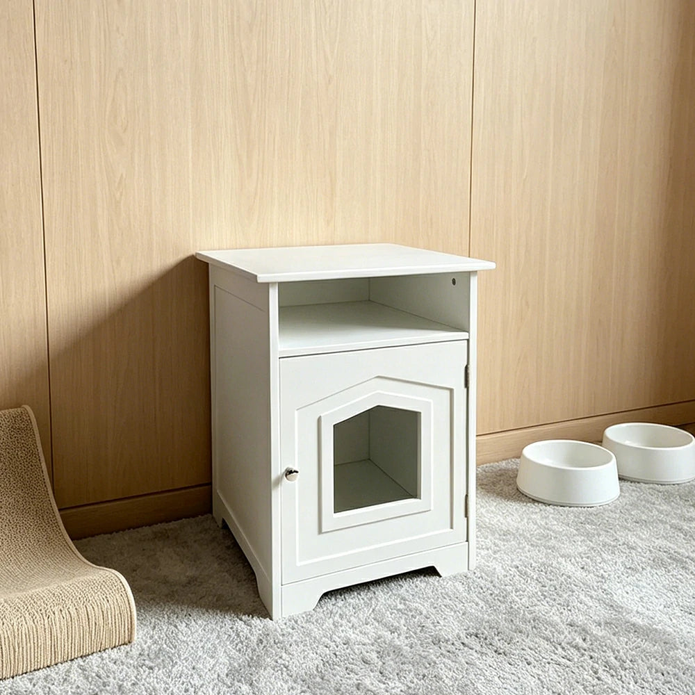 PAWORA Cat House Bedside Cabinet with Extra-Large Entrance Open Storage Shelf For Bedroom Living Room Pet Area