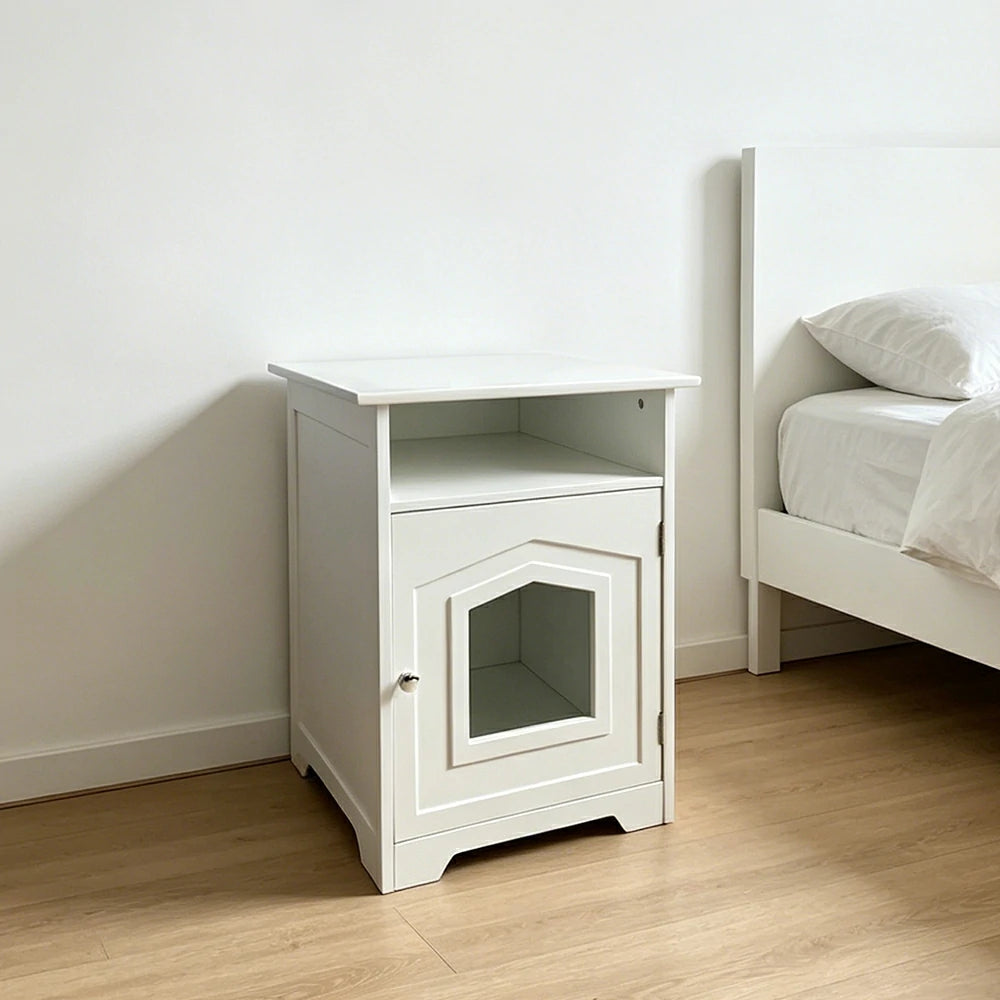 PAWORA Cat House Bedside Cabinet with Extra-Large Entrance Open Storage Shelf For Bedroom Living Room Pet Area