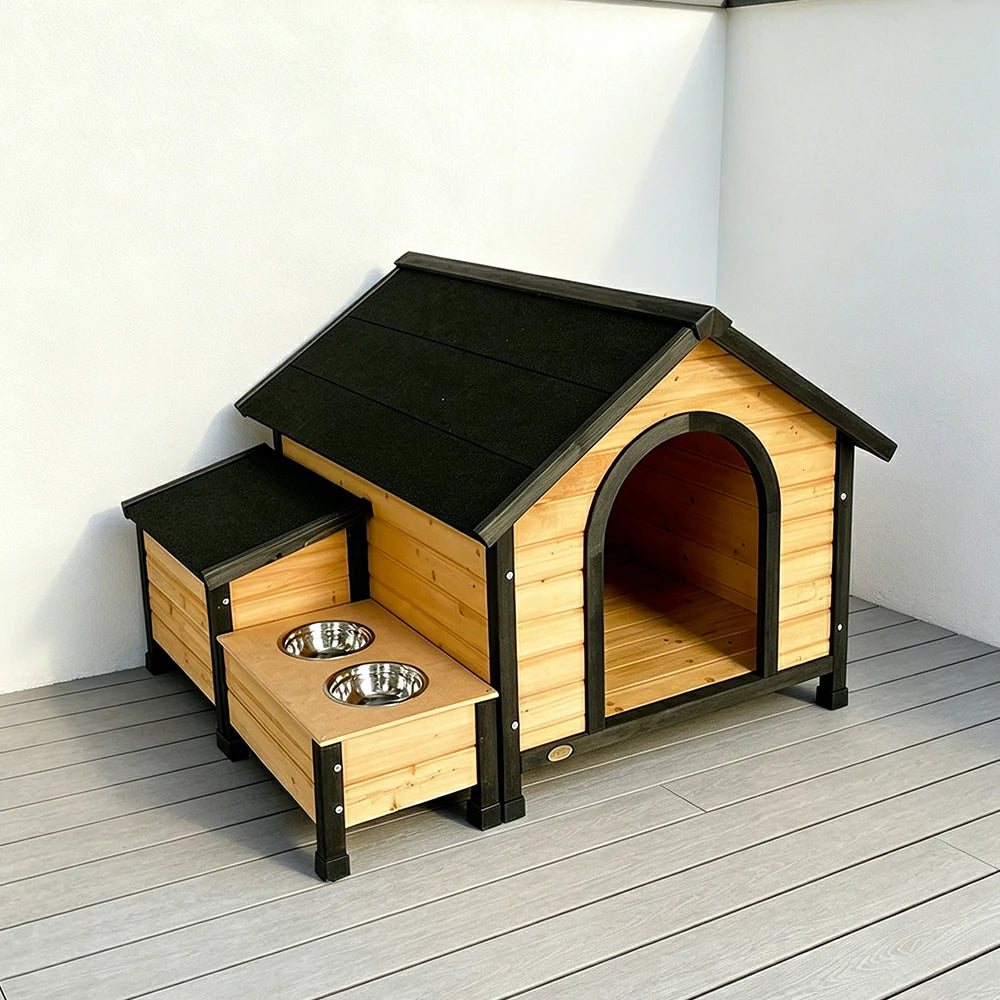 PAWORA Solid Wood Dog House with Side Double-Bowl Feeding Station and Built-In Storage Box For Outdoor Patio Lawn