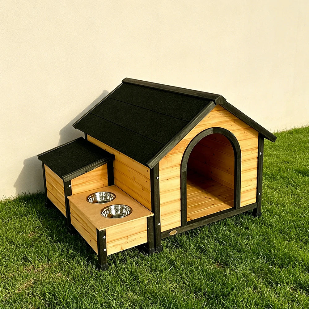 PAWORA Solid Wood Dog House with Side Double-Bowl Feeding Station and Built-In Storage Box For Outdoor Patio Lawn