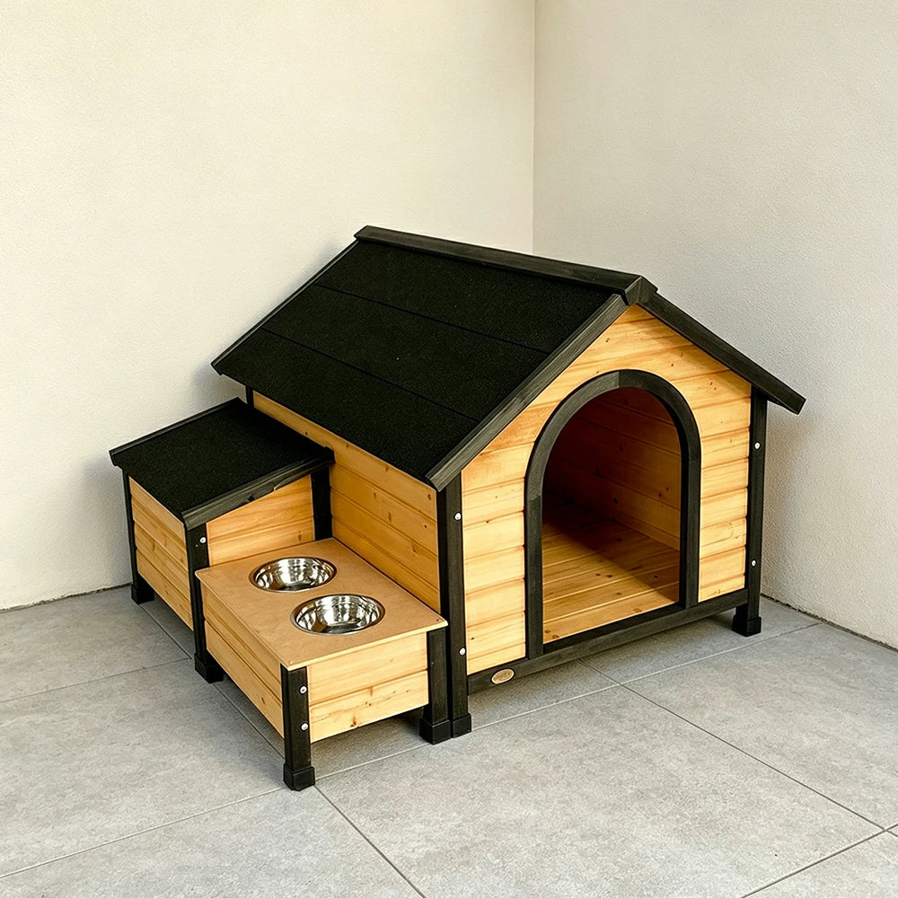 PAWORA Solid Wood Dog House with Side Double-Bowl Feeding Station and Built-In Storage Box For Outdoor Patio Lawn