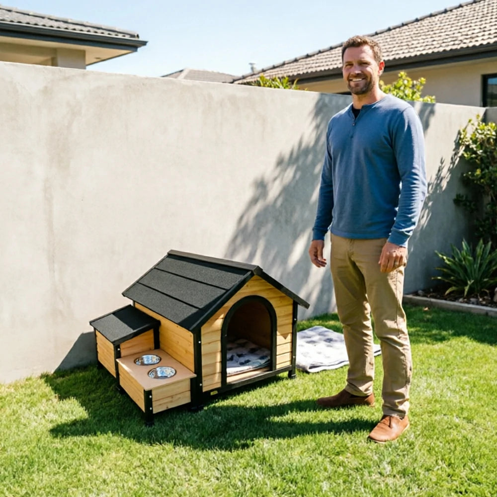 PAWORA Solid Wood Dog House with Side Double-Bowl Feeding Station and Built-In Storage Box For Outdoor Patio Lawn