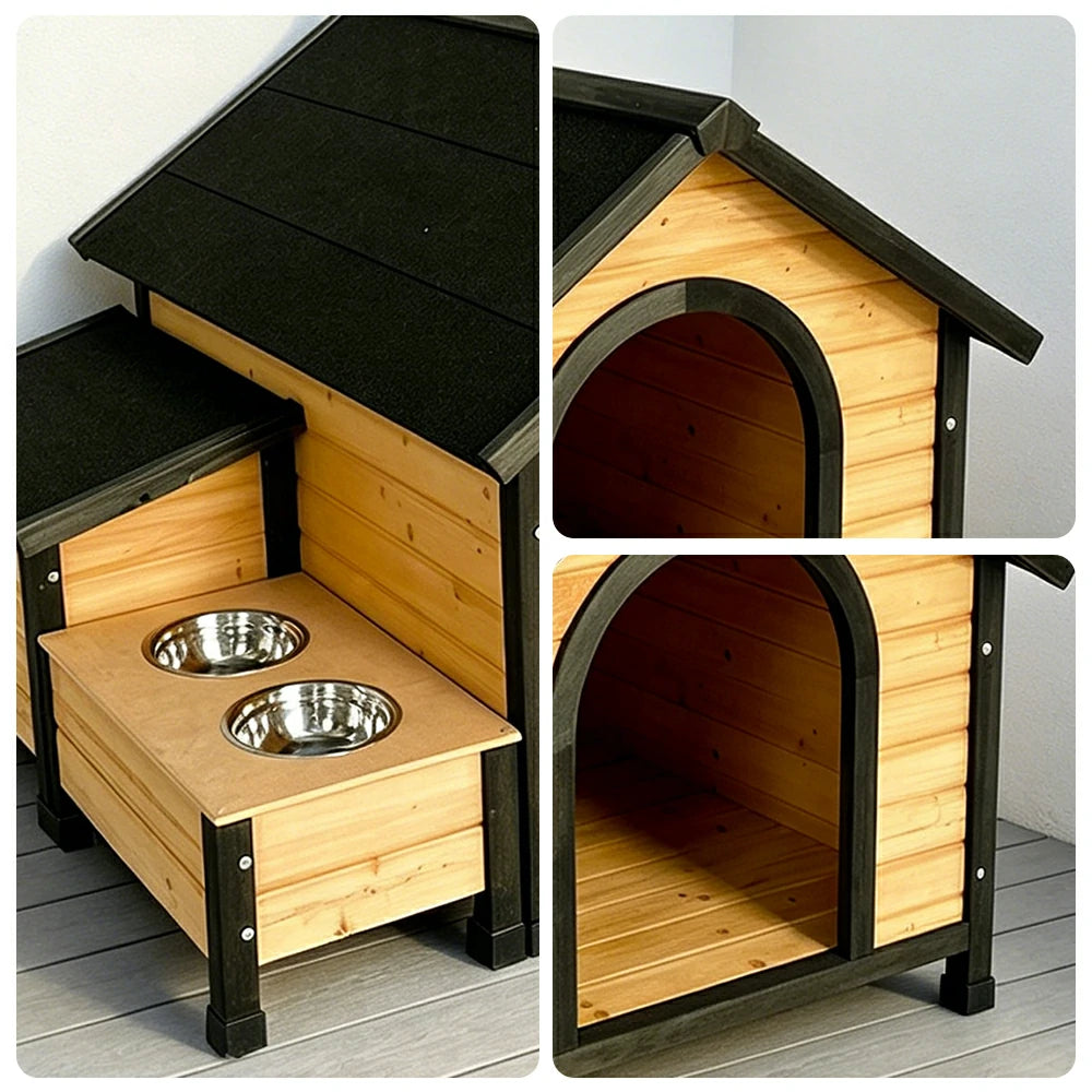 PAWORA Solid Wood Dog House with Side Double-Bowl Feeding Station and Built-In Storage Box For Outdoor Patio Lawn