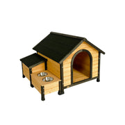 PAWORA Solid Wood Dog House with Side Double-Bowl Feeding Station and Built-In Storage Box For Outdoor Patio Lawn