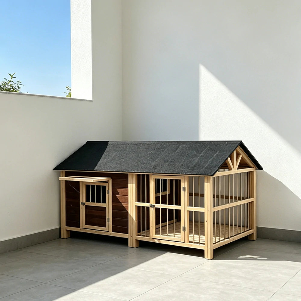 PAWORA Luxury Solid Wood Dog House with Fenced Yard Anti-Corrosion Carbonized Pine For Patio Balcony