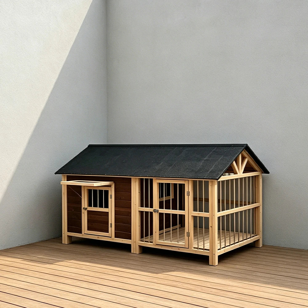 PAWORA Luxury Solid Wood Dog House with Fenced Yard Anti-Corrosion Carbonized Pine For Patio Balcony