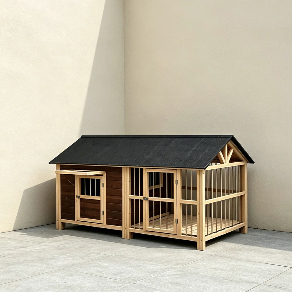 PAWORA Luxury Solid Wood Dog House with Fenced Yard Anti-Corrosion Carbonized Pine For Patio Balcony