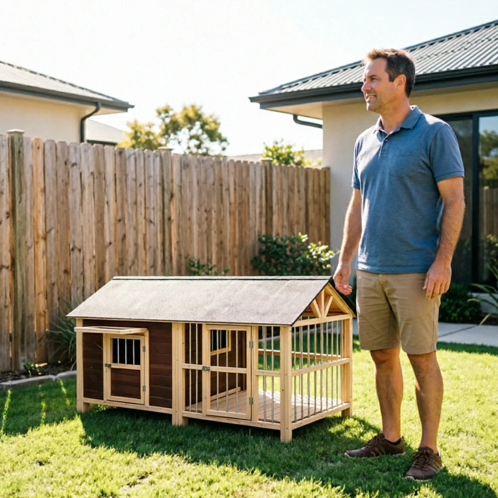 PAWORA Luxury Solid Wood Dog House with Fenced Yard Anti-Corrosion Carbonized Pine For Patio Balcony