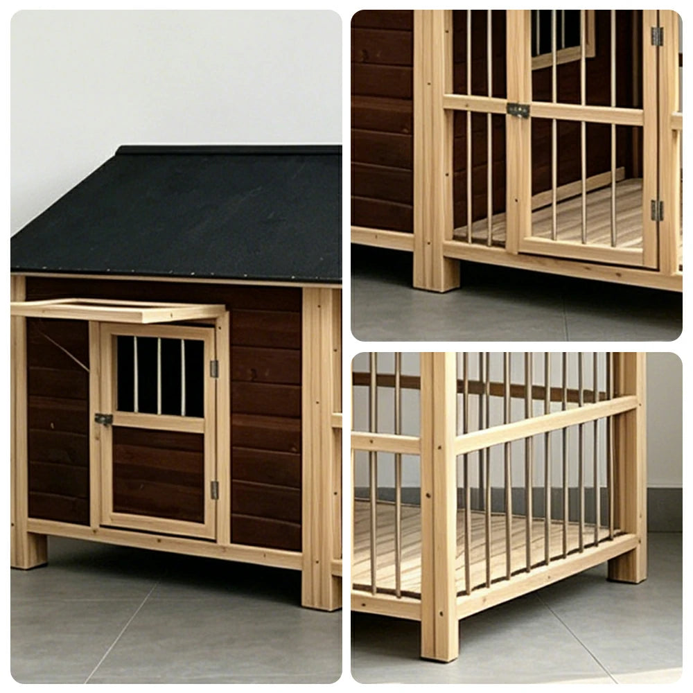 PAWORA Luxury Solid Wood Dog House with Fenced Yard Anti-Corrosion Carbonized Pine For Patio Balcony