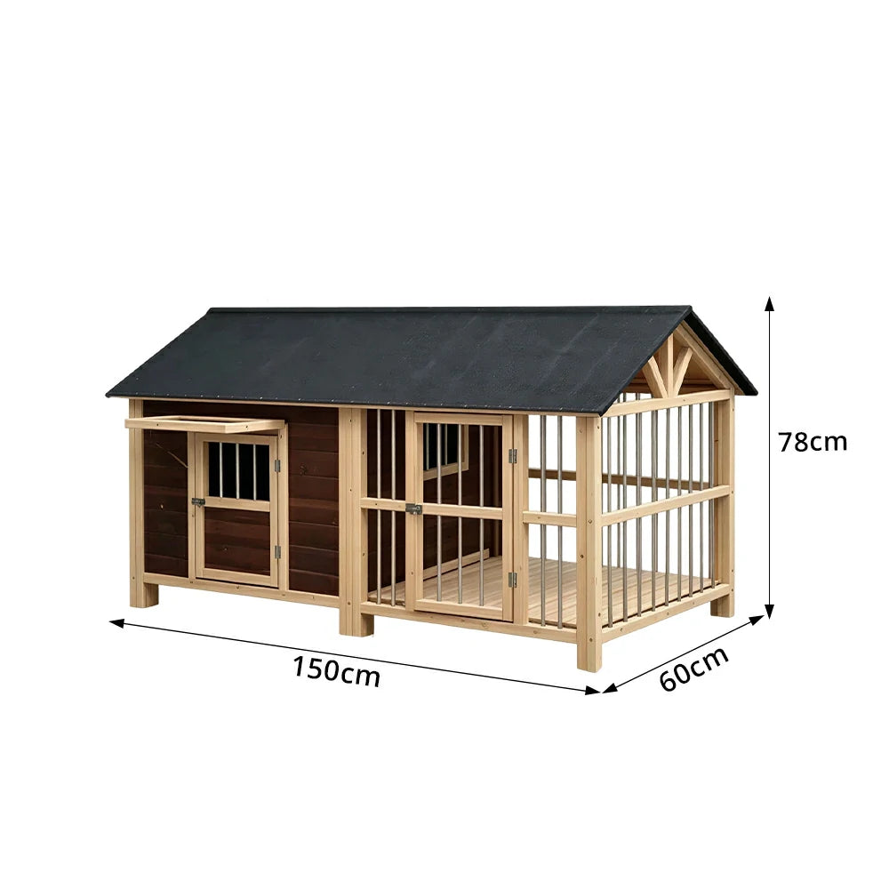 PAWORA Luxury Solid Wood Dog House with Fenced Yard Anti-Corrosion Carbonized Pine For Patio Balcony