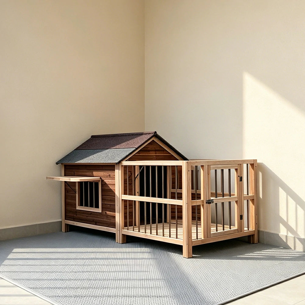 PAWORA Solid Wood Dog House with Fenced Yard Carbonised Wood Asphalt Roof For Semi-Outdoor Patio Lawn