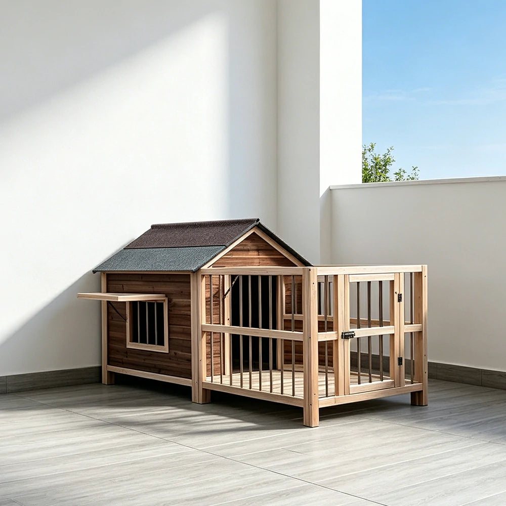 PAWORA Solid Wood Dog House with Fenced Yard Carbonised Wood Asphalt Roof For Semi-Outdoor Patio Lawn