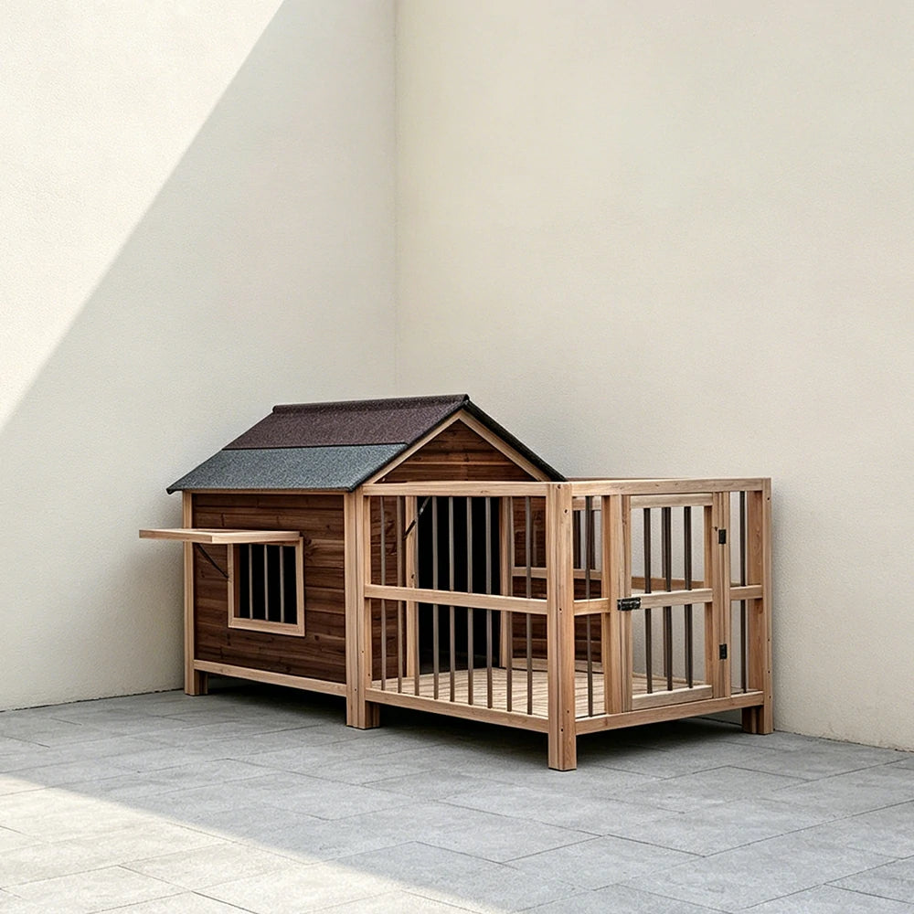 PAWORA Solid Wood Dog House with Fenced Yard Carbonised Wood Asphalt Roof For Semi-Outdoor Patio Lawn