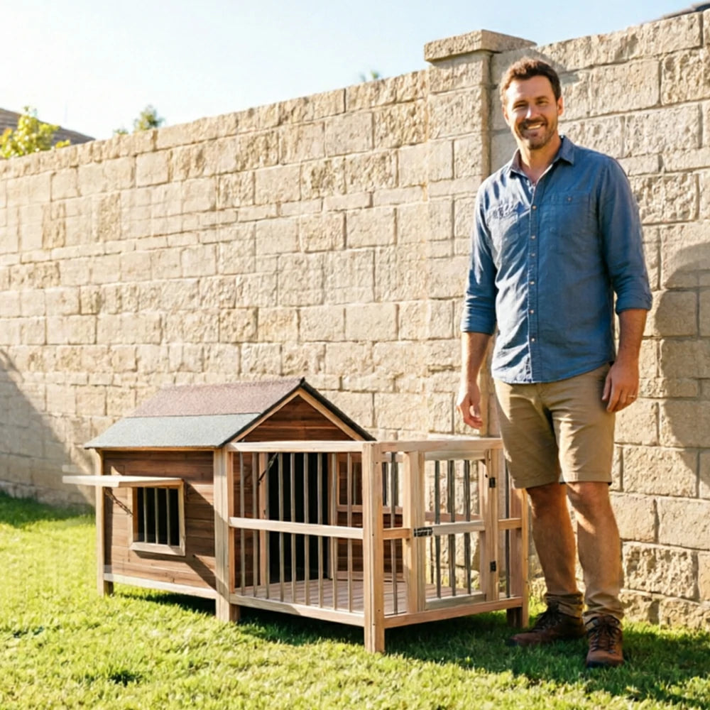 PAWORA Solid Wood Dog House with Fenced Yard Carbonised Wood Asphalt Roof For Semi-Outdoor Patio Lawn