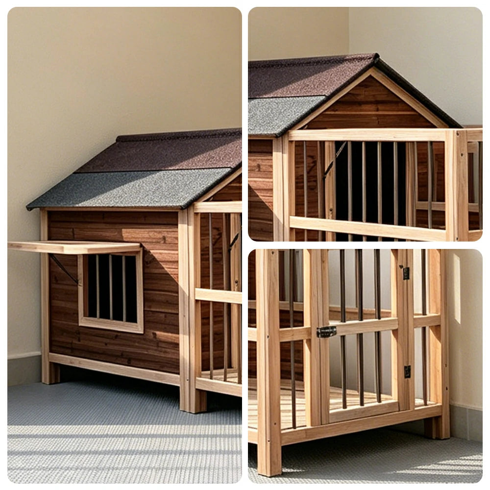 PAWORA Solid Wood Dog House with Fenced Yard Carbonised Wood Asphalt Roof For Semi-Outdoor Patio Lawn