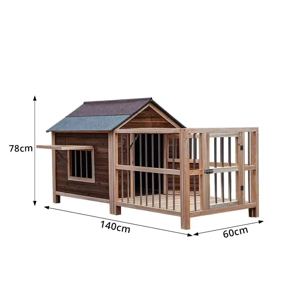 PAWORA Solid Wood Dog House with Fenced Yard Carbonised Wood Asphalt Roof For Semi-Outdoor Patio Lawn