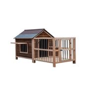 PAWORA Solid Wood Dog House with Fenced Yard Carbonised Wood Asphalt Roof For Semi-Outdoor Patio Lawn