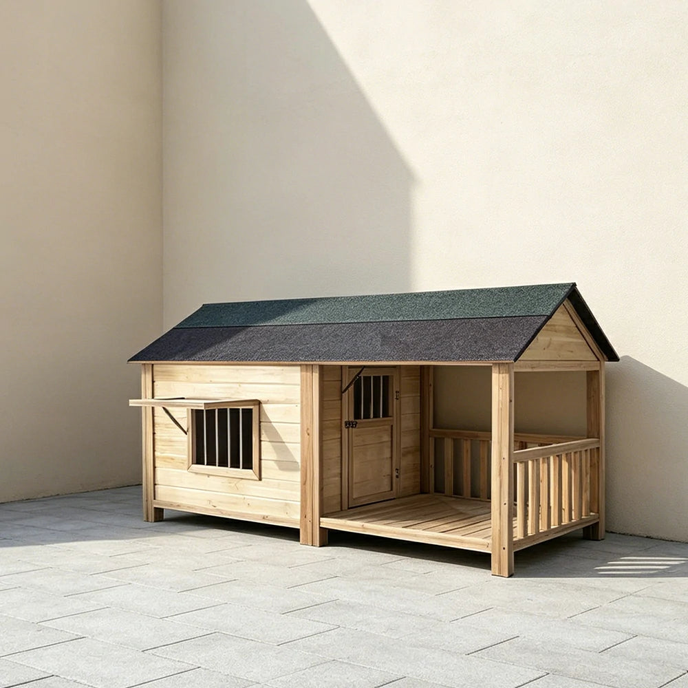 PAWORA Luxury Solid Wood Dog House with Front Fenced Porch Pine Wood Structure Weather-Resistant Roof For Patio