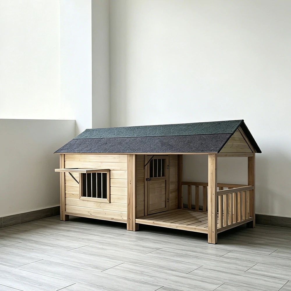 PAWORA Luxury Solid Wood Dog House with Front Fenced Porch Pine Wood Structure Weather-Resistant Roof For Patio