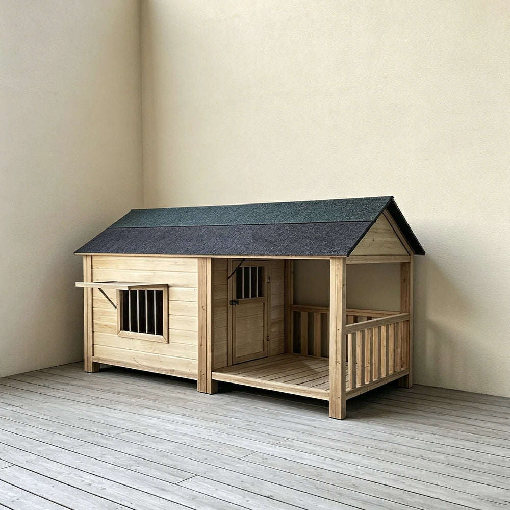 PAWORA Luxury Solid Wood Dog House with Front Fenced Porch Pine Wood Structure Weather-Resistant Roof For Patio