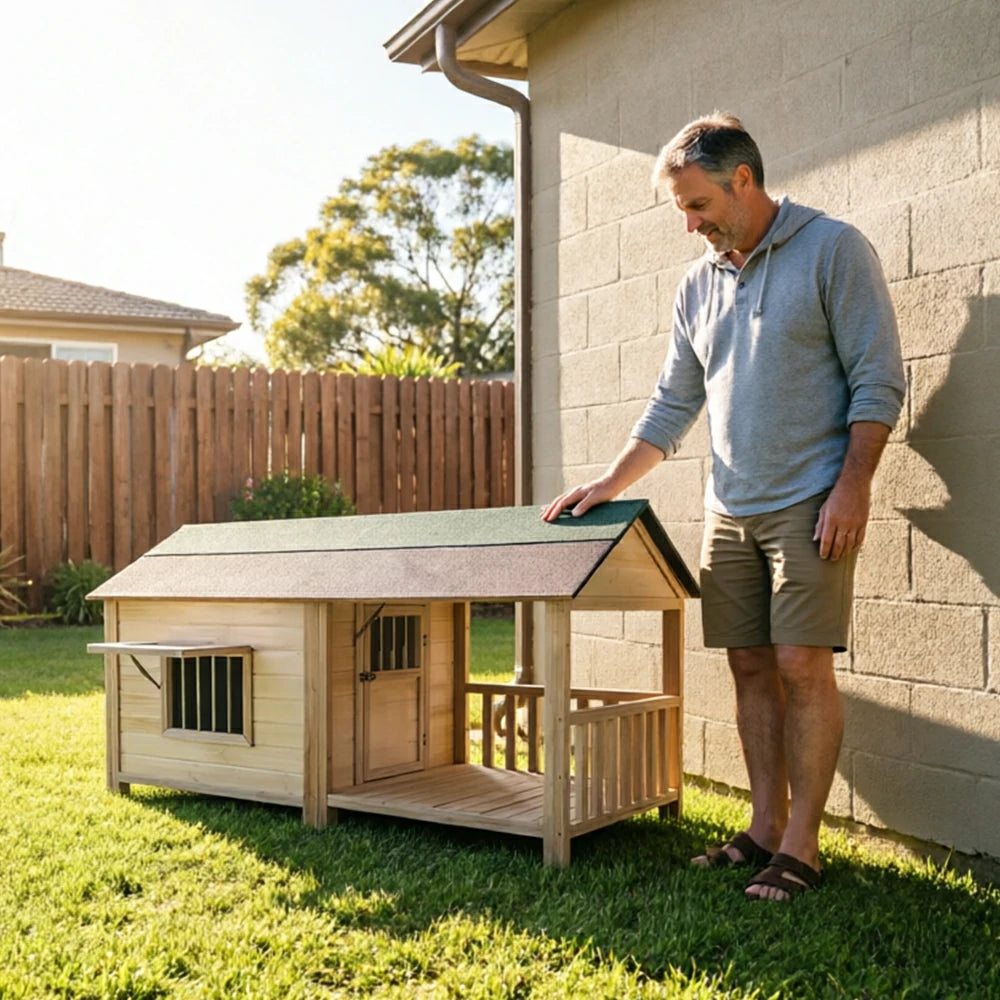 PAWORA Luxury Solid Wood Dog House with Front Fenced Porch Pine Wood Structure Weather-Resistant Roof For Patio