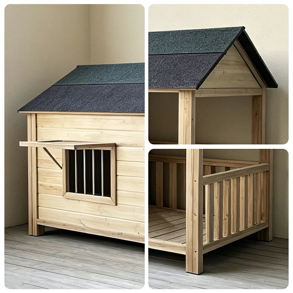 PAWORA Luxury Solid Wood Dog House with Front Fenced Porch Pine Wood Structure Weather-Resistant Roof For Patio