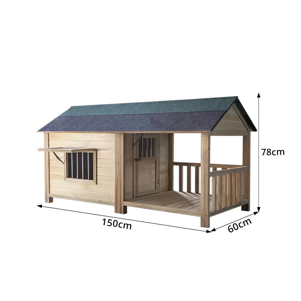 PAWORA Luxury Solid Wood Dog House with Front Fenced Porch Pine Wood Structure Weather-Resistant Roof For Patio