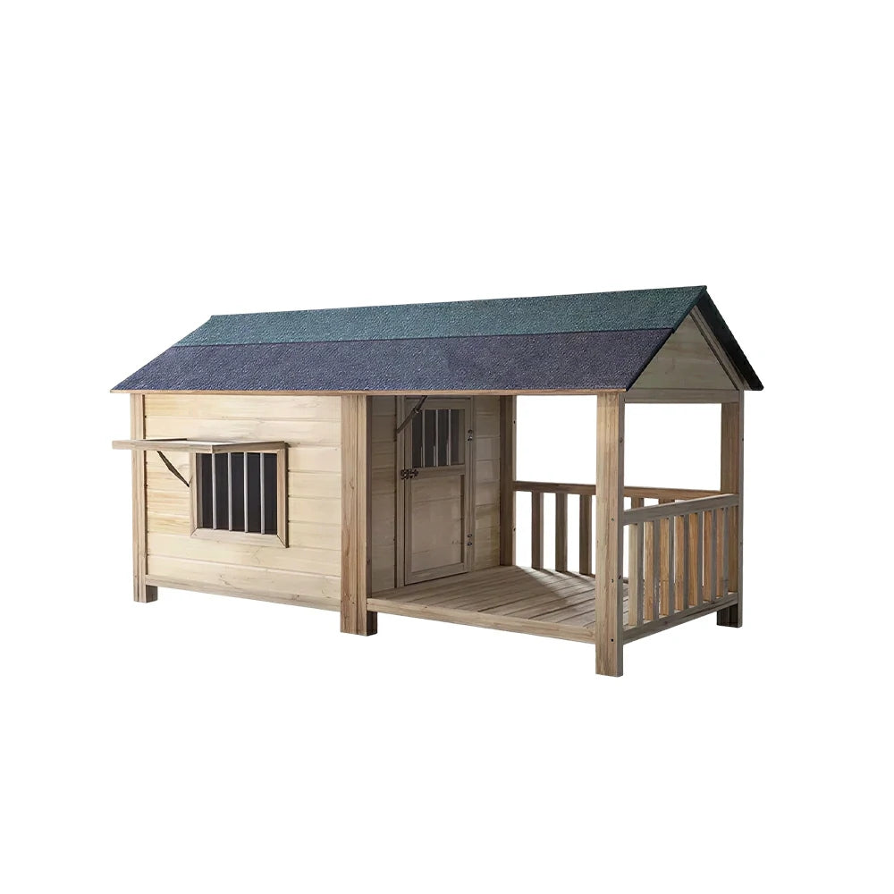 PAWORA Luxury Solid Wood Dog House with Front Fenced Porch Pine Wood Structure Weather-Resistant Roof For Patio