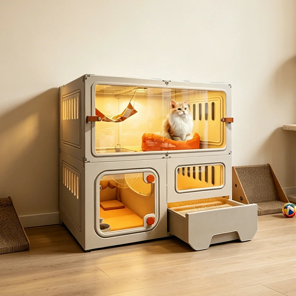 PAWORA 2-Level Multifunctional Cat Villa with Multi-Zone Layout Pull-Out Litter Tray For Indoor Cat Living Area - Beige