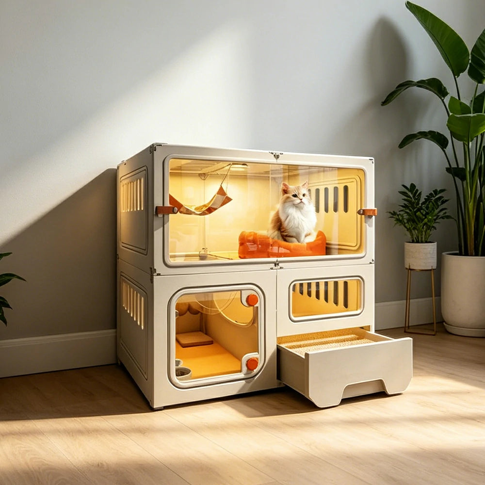 PAWORA 2-Level Multifunctional Cat Villa with Multi-Zone Layout Pull-Out Litter Tray For Indoor Cat Living Area - Beige