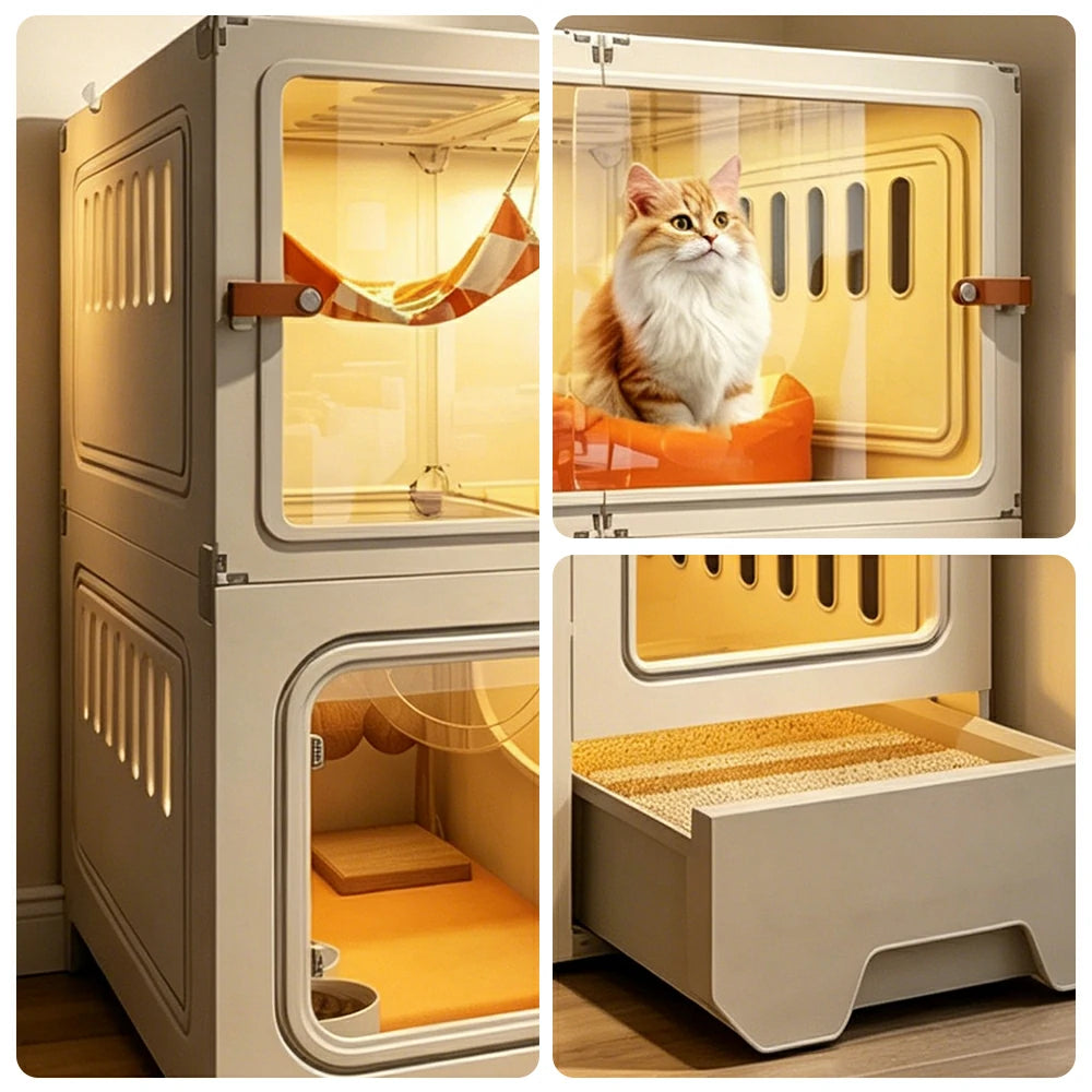 PAWORA 2-Level Multifunctional Cat Villa with Multi-Zone Layout Pull-Out Litter Tray For Indoor Cat Living Area - Beige