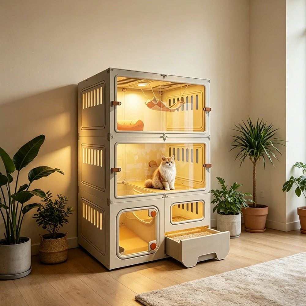 PAWORA 3-Level Multifunctional Cat Villa with Multi-Zone Layout Pull-Out Litter Tray For Indoor Cat Living Area - Beige