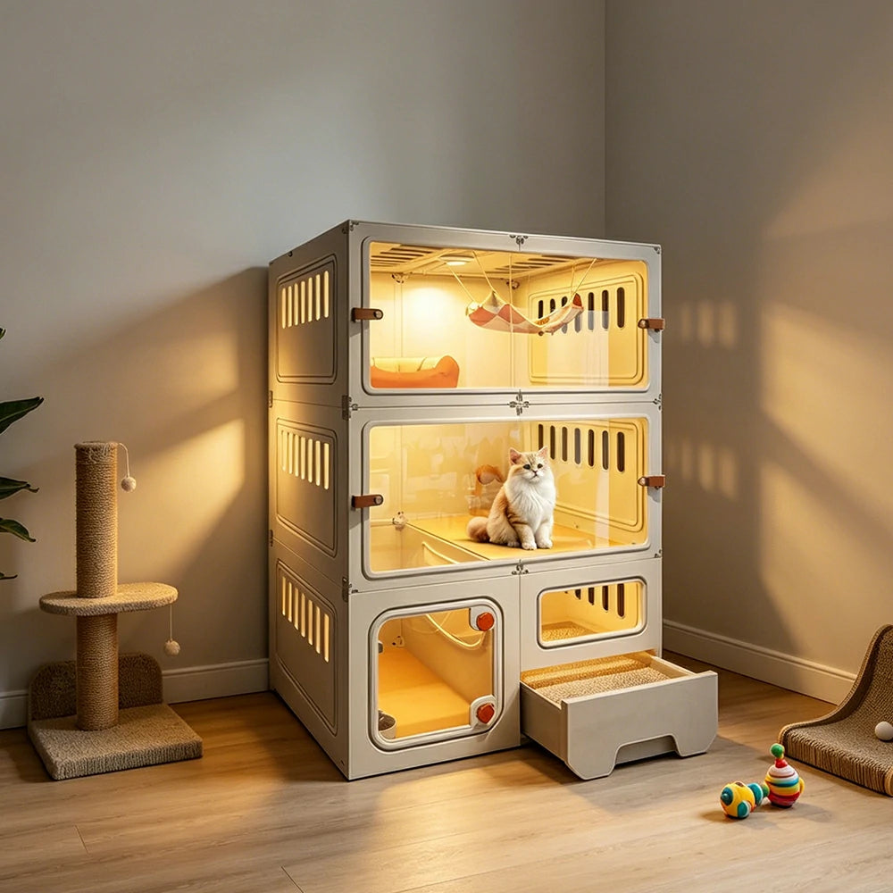 PAWORA 3-Level Multifunctional Cat Villa with Multi-Zone Layout Pull-Out Litter Tray For Indoor Cat Living Area - Beige