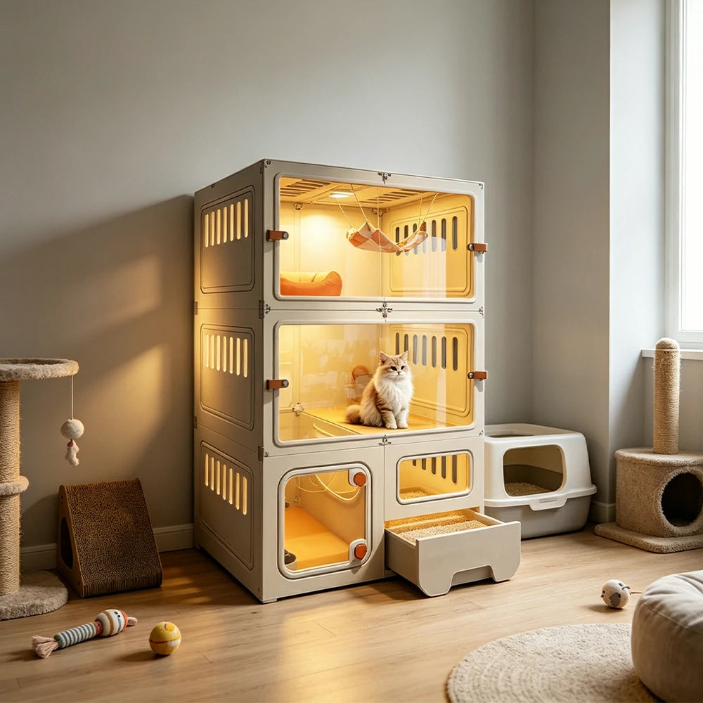 PAWORA 3-Level Multifunctional Cat Villa with Multi-Zone Layout Pull-Out Litter Tray For Indoor Cat Living Area - Beige