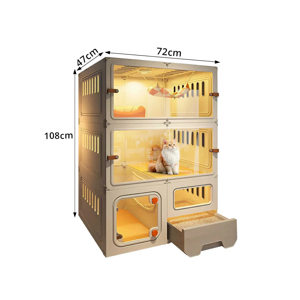 PAWORA 3-Level Multifunctional Cat Villa with Multi-Zone Layout Pull-Out Litter Tray For Indoor Cat Living Area - Beige