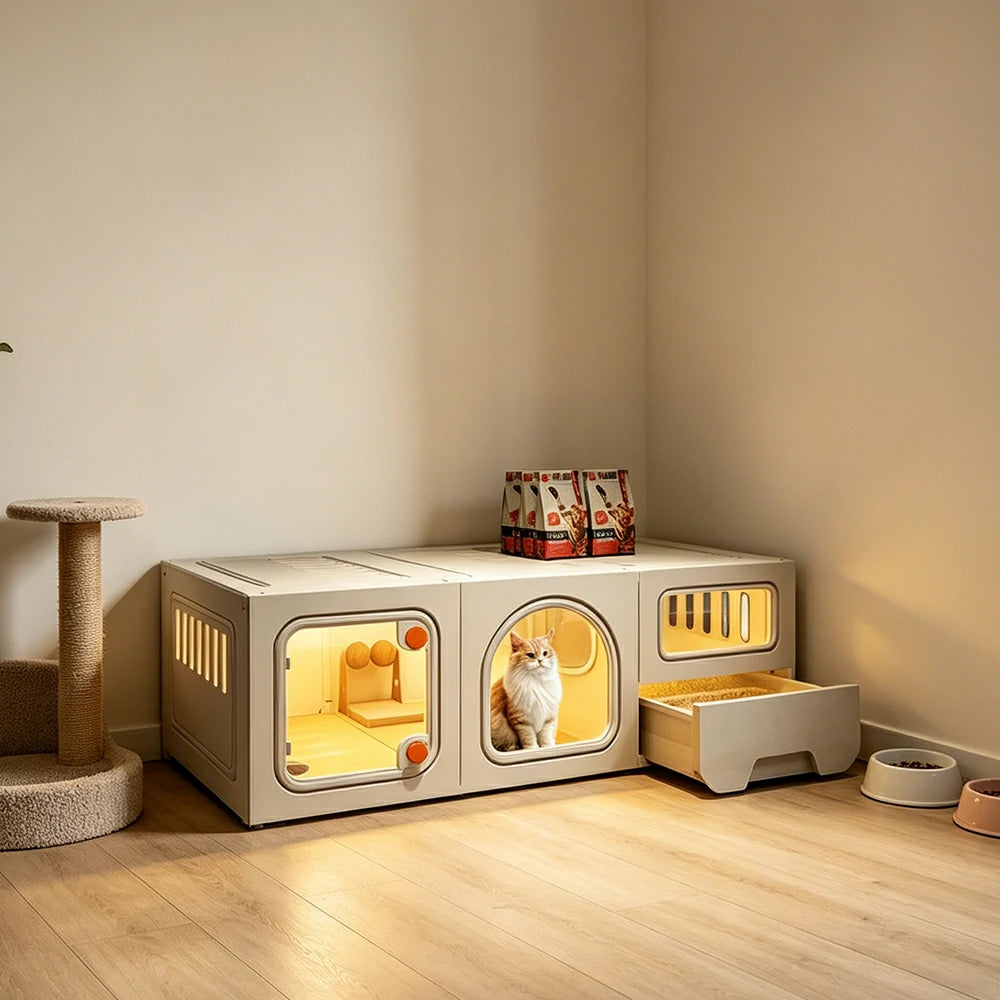 PAWORA 1-Level Multifunctional Cat Villa with Multi-Zone Layout Pull-Out Litter Tray For Indoor Cat Living Area - Beige