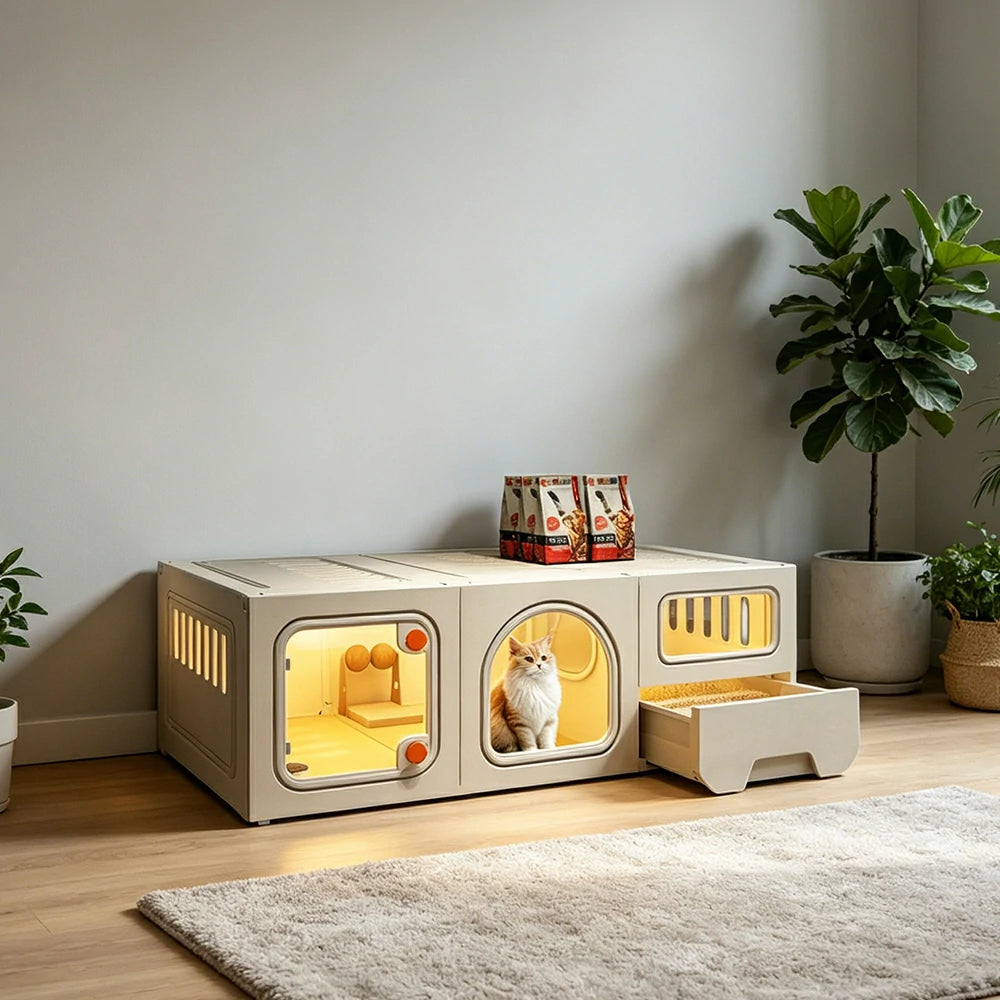 PAWORA 1-Level Multifunctional Cat Villa with Multi-Zone Layout Pull-Out Litter Tray For Indoor Cat Living Area - Beige