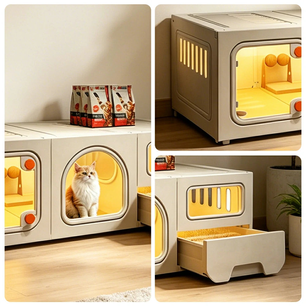 PAWORA 1-Level Multifunctional Cat Villa with Multi-Zone Layout Pull-Out Litter Tray For Indoor Cat Living Area - Beige