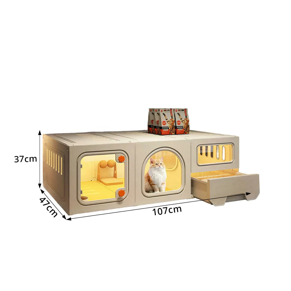 PAWORA 1-Level Multifunctional Cat Villa with Multi-Zone Layout Pull-Out Litter Tray For Indoor Cat Living Area - Beige