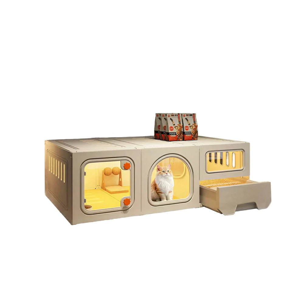 PAWORA 1-Level Multifunctional Cat Villa with Multi-Zone Layout Pull-Out Litter Tray For Indoor Cat Living Area - Beige