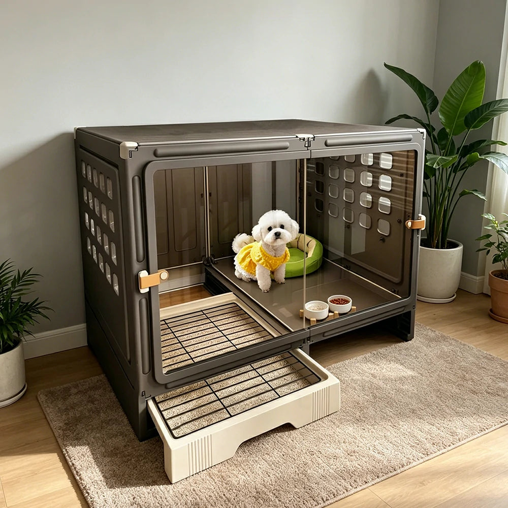 PAWORA Medium Indoor Dog Villa with Transparent Doors Ventilated Side Panels Easy-Clean For Living Room Bedroom Pet Area - Black