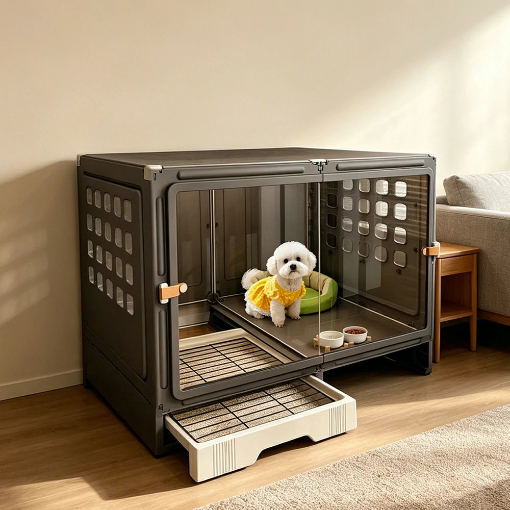 PAWORA Medium Indoor Dog Villa with Transparent Doors Ventilated Side Panels Easy-Clean For Living Room Bedroom Pet Area - Black