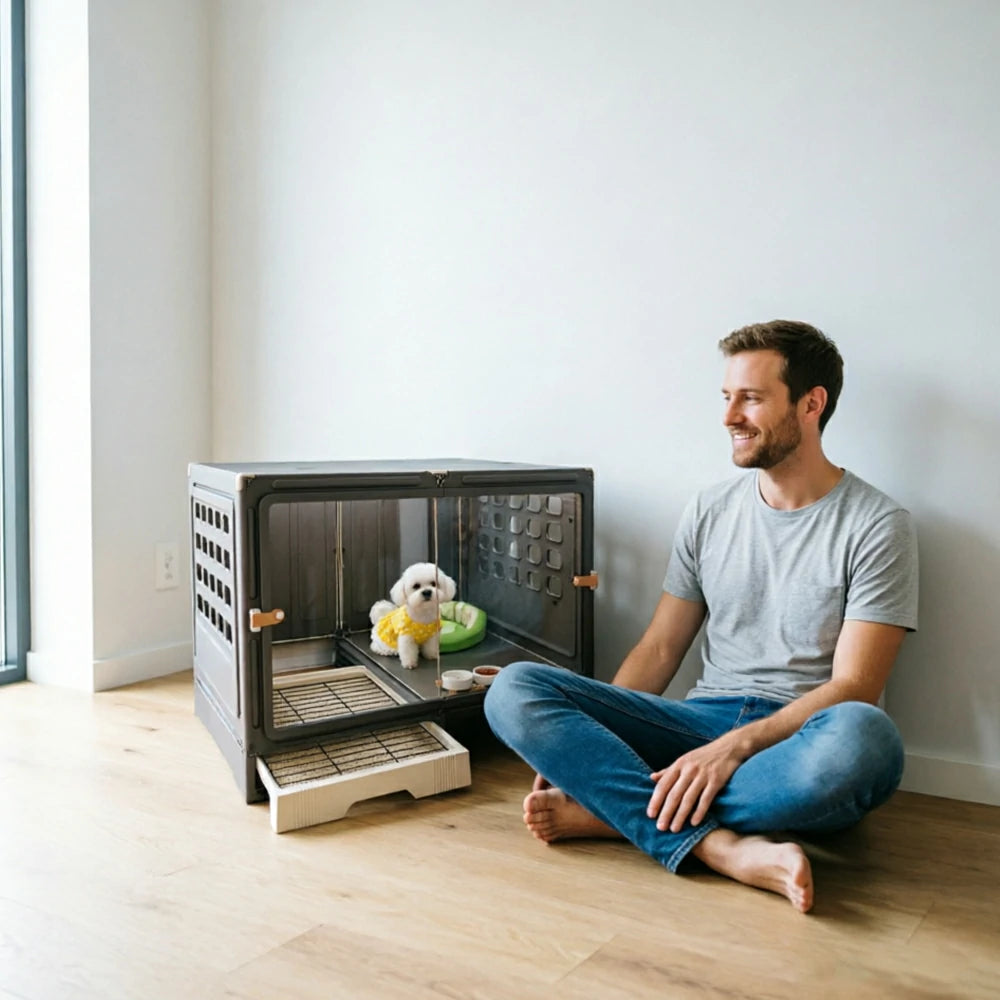 PAWORA Medium Indoor Dog Villa with Transparent Doors Ventilated Side Panels Easy-Clean For Living Room Bedroom Pet Area - Black