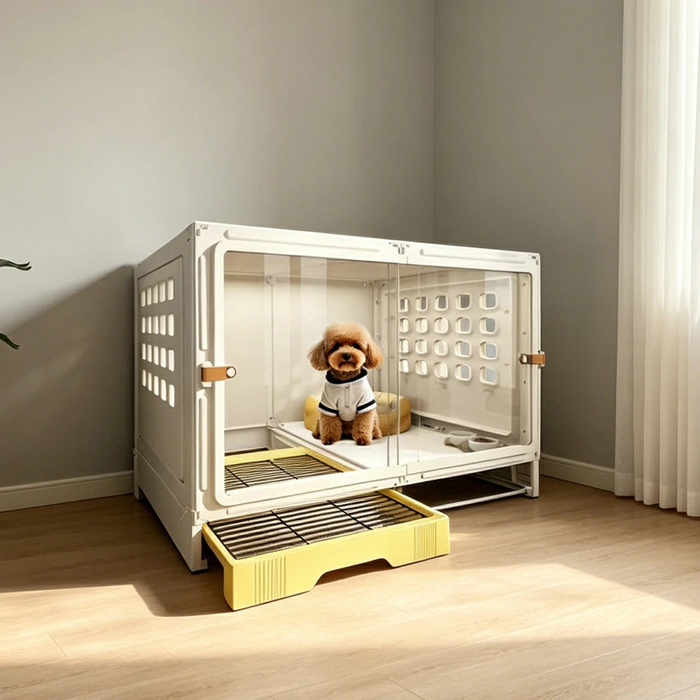 PAWORA Medium Indoor Dog Villa with Transparent Doors Ventilated Side Panels Easy-Clean For Living Room Bedroom Pet Area - White